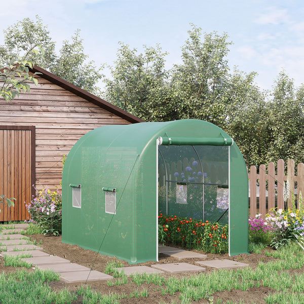 Serre de Jardin Tunnel Surface Sol 6 m² 3L x 2l x 2,10H m châssis Tubulaire renforcé Porte zippée 4 fenêtres enroulables Vert