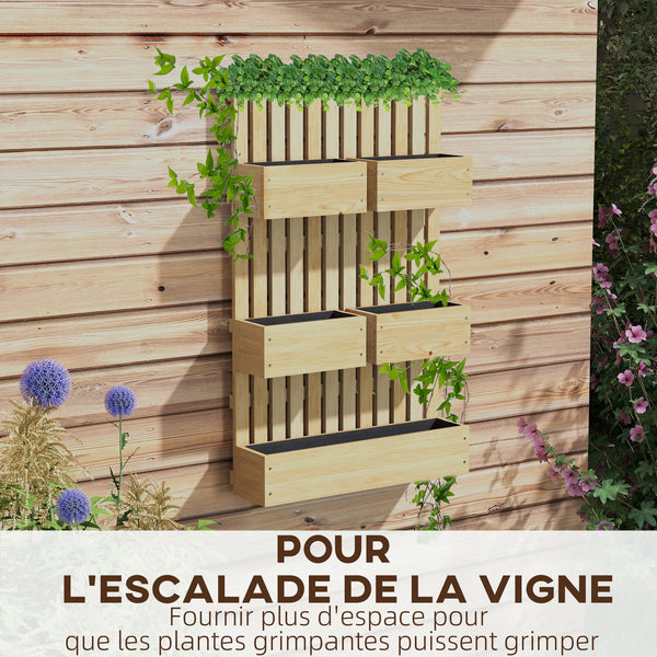 Jardinière murale potager avec 5 bacs treillis en bois massif amovibles, tissu non tissé, 60 x 16 x 100 cm