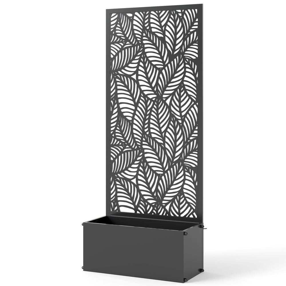 Jardinière avec treillis, bac à fleurs, lit surélevé avec brise-vue, à motif de feuilles, pour plantes grimpantes, légumes, fleurs, métal, intérieur et extérieur, 45x21,5x110cm, noir