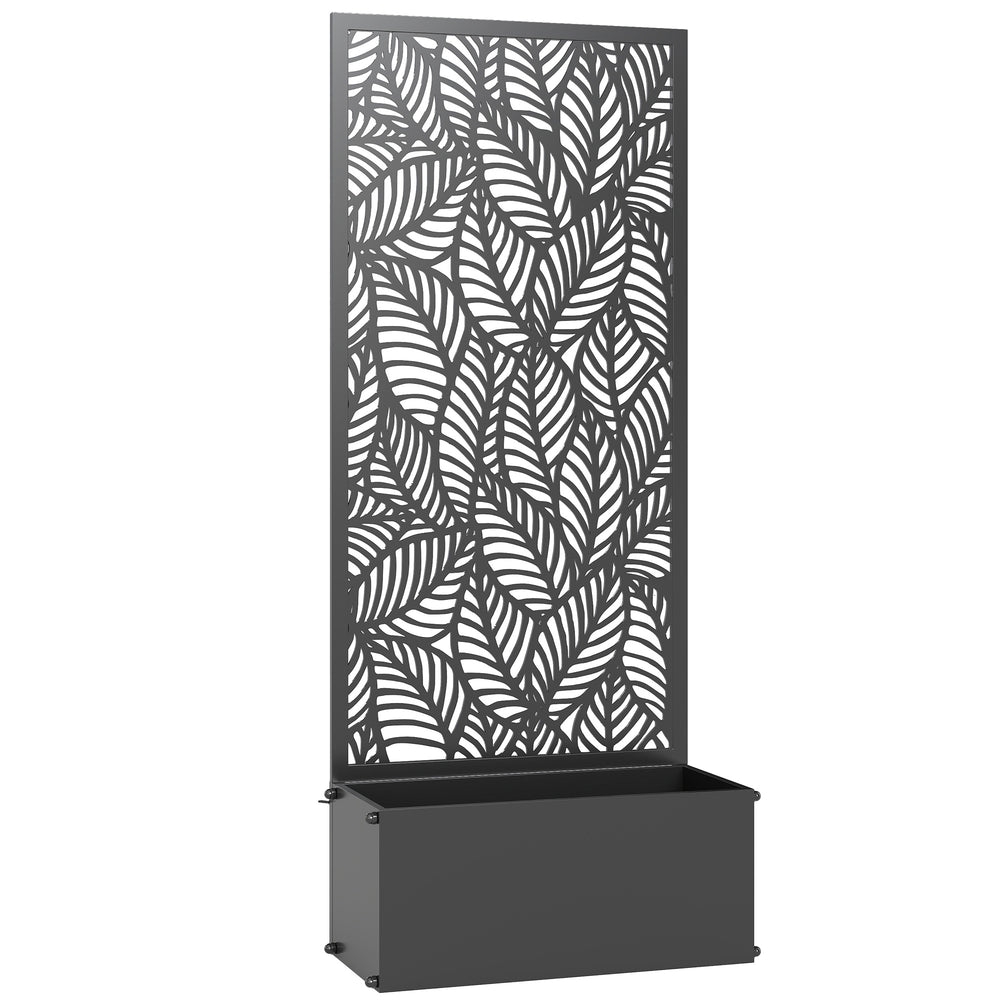 Jardinière avec treillis, bac à fleurs, lit surélevé avec brise-vue, à motif de feuilles, pour plantes grimpantes, légumes, fleurs, métal, intérieur et extérieur, 45x21,5x110cm, noir