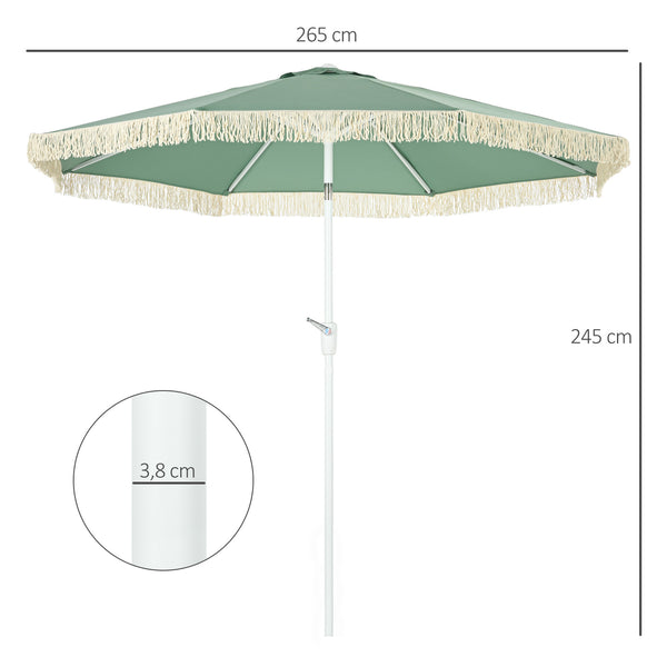Parasol de jardin parasol extérieur inclinable à franges avec manivelle 8 baleines dim. Ø 2,65 x 2,45 H m vert