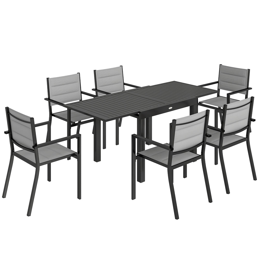 Ensemble de Salle à Manger Extérieur 7 Pièces, Table et Chaises de Patio en Aluminium pour 6 Personnes avec Table Extensible et Chaises Empilables, Résistant aux Intempéries, Gris