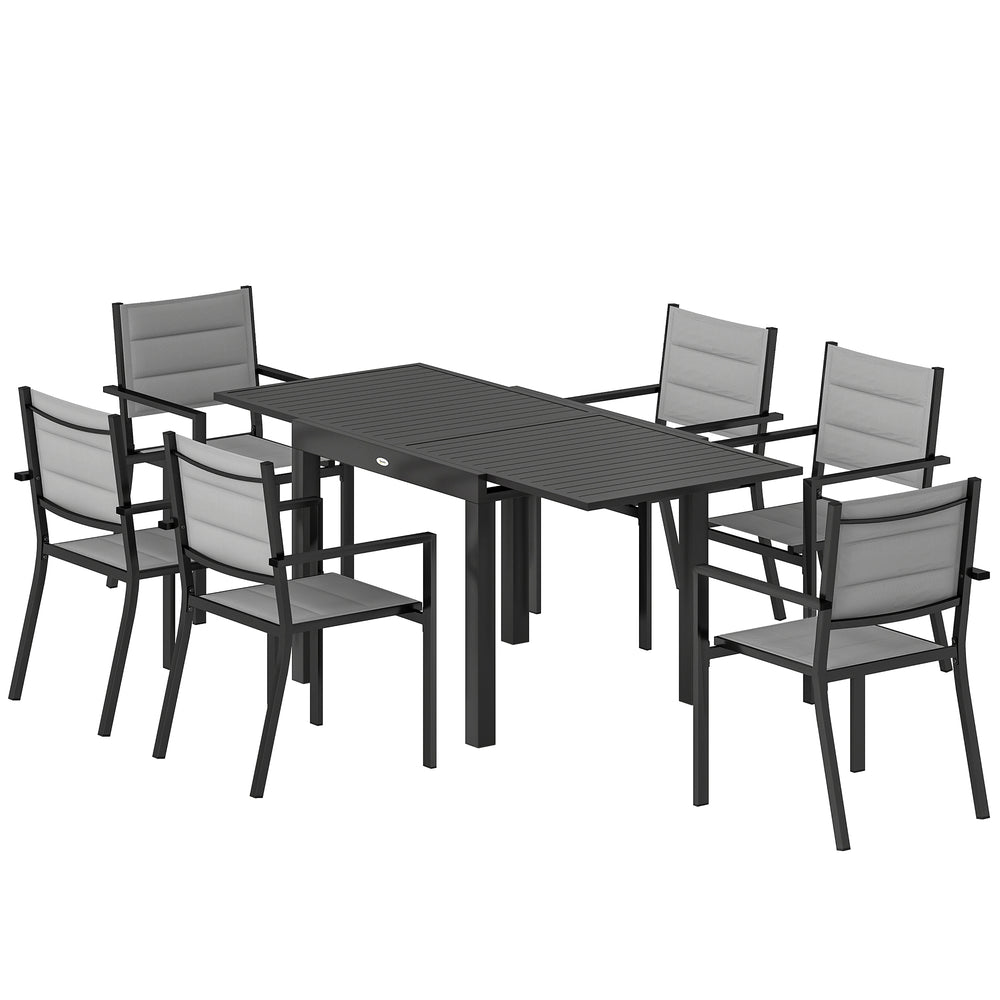 Ensemble de Salle à Manger Extérieur 7 Pièces, Table et Chaises de Patio en Aluminium pour 6 Personnes avec Table Extensible et Chaises Empilables, Résistant aux Intempéries, Gris