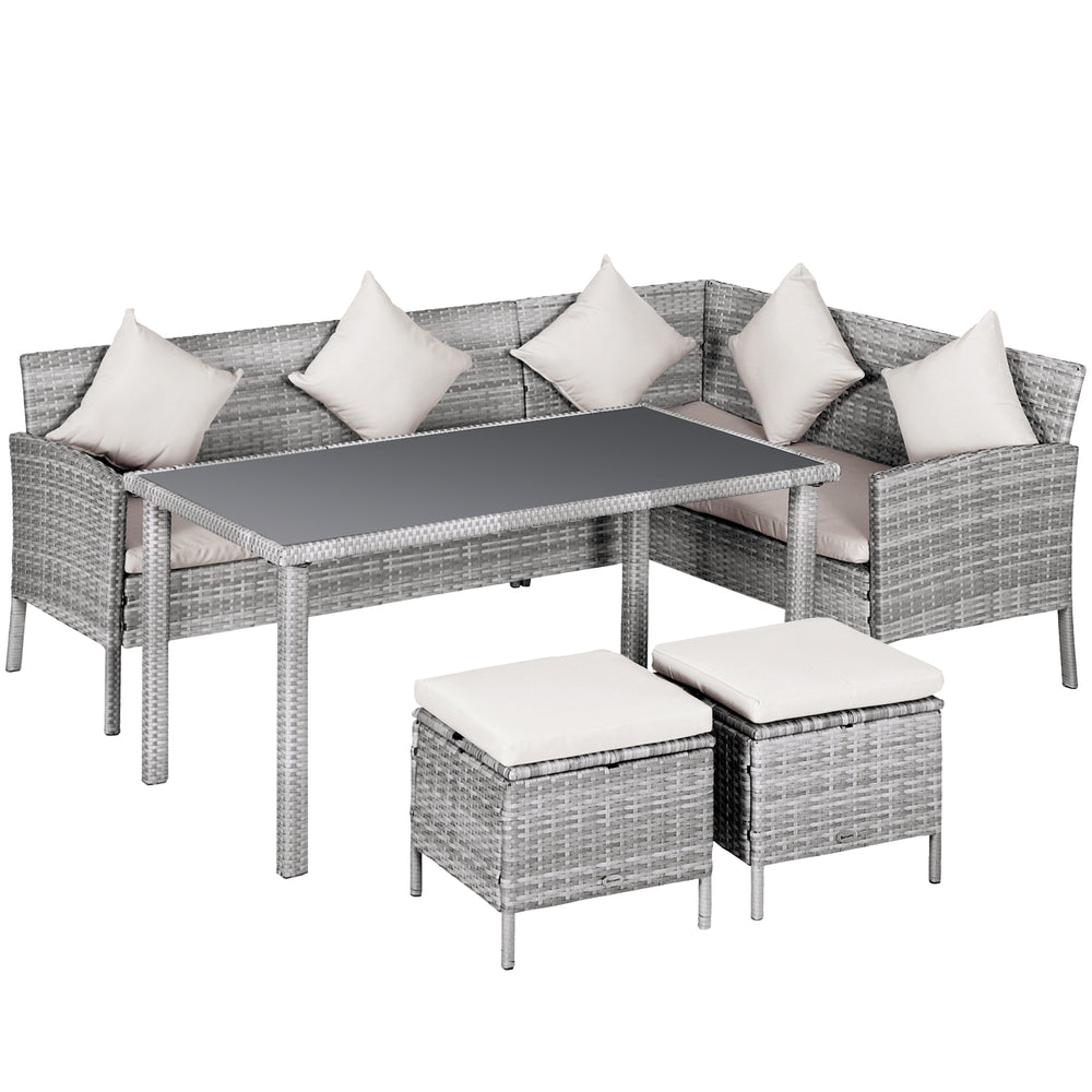 Salon de jardin 6 pers. grand confort canapé d'angle + 2 poufs + table à manger 9 coussins assise & dossier fournis résine tressée grise