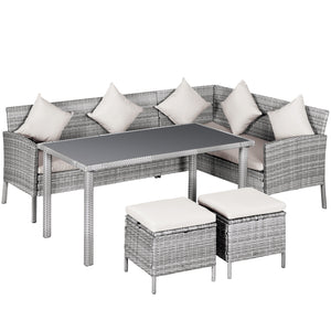 Salon de jardin 6 pers. grand confort canapé d'angle + 2 poufs + table à manger 9 coussins assise & dossier fournis résine tressée grise