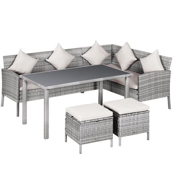 Salon de jardin 6 pers. grand confort canapé d'angle + 2 poufs + table à manger 9 coussins assise & dossier fournis résine tressée grise