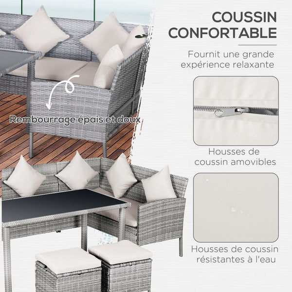 Salon de jardin 6 pers. grand confort canapé d'angle + 2 poufs + table à manger 9 coussins assise & dossier fournis résine tressée grise