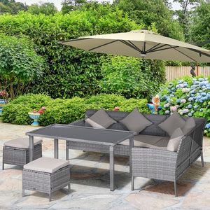 Salon de jardin 6 pers. grand confort canapé d'angle + 2 poufs + table à manger 9 coussins assise & dossier fournis résine tressée grise