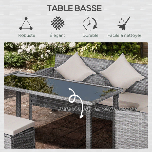 Salon de jardin 6 pers. grand confort canapé d'angle + 2 poufs + table à manger 9 coussins assise & dossier fournis résine tressée grise