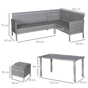 Salon de jardin 6 pers. grand confort canapé d'angle + 2 poufs + table à manger 9 coussins assise & dossier fournis résine tressée grise