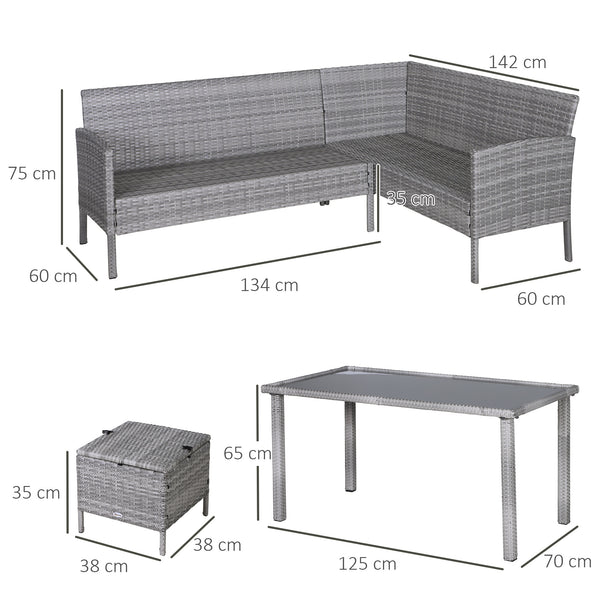 Salon de jardin 6 pers. grand confort canapé d'angle + 2 poufs + table à manger 9 coussins assise & dossier fournis résine tressée grise