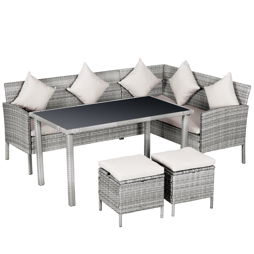 Salon de jardin 6 pers. grand confort canapé d'angle + 2 poufs + table à manger 9 coussins assise & dossier fournis résine tressée grise