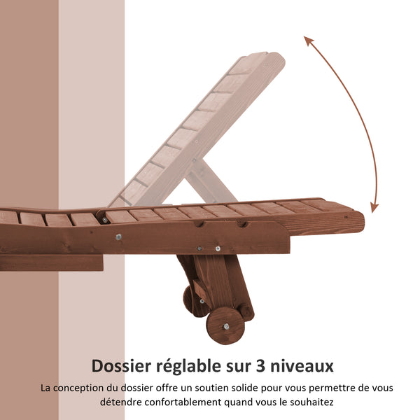 Bain de Soleil transat Style Colonial Dossier réglable 3 Positions roulettes Tablette Support Bois Sapin pré-huilé
