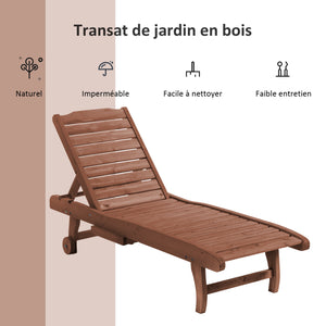 Bain de Soleil transat Style Colonial Dossier réglable 3 Positions roulettes Tablette Support Bois Sapin pré-huilé