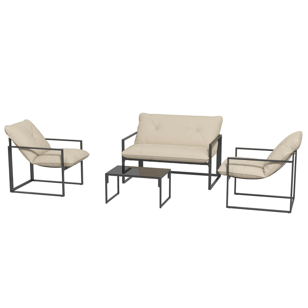 Salon de jardin extérieur 4 pièces pour 4 personnes avec canapé 2 places, 2 fauteuils et 1 table basse 3 coussins mobilier de jardin pour terrasse jardin - acier noir polyester beige