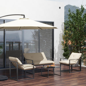 Salon de jardin extérieur 4 pièces pour 4 personnes avec canapé 2 places, 2 fauteuils et 1 table basse 3 coussins mobilier de jardin pour terrasse jardin - acier noir polyester beige