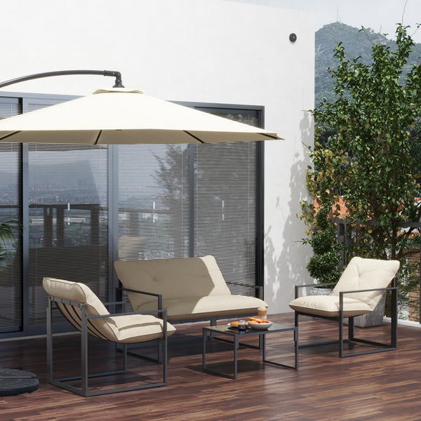 Salon de jardin extérieur 4 pièces pour 4 personnes avec canapé 2 places, 2 fauteuils et 1 table basse 3 coussins mobilier de jardin pour terrasse jardin - acier noir polyester beige
