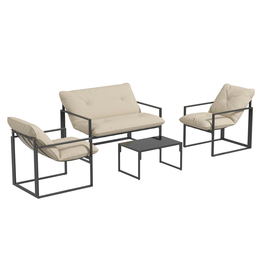 Salon de jardin extérieur 4 pièces pour 4 personnes avec canapé 2 places, 2 fauteuils et 1 table basse 3 coussins mobilier de jardin pour terrasse jardin - acier noir polyester beige