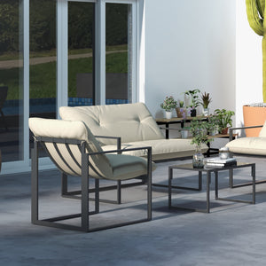 Salon de jardin extérieur 4 pièces pour 4 personnes avec canapé 2 places, 2 fauteuils et 1 table basse 3 coussins mobilier de jardin pour terrasse jardin - acier noir polyester beige