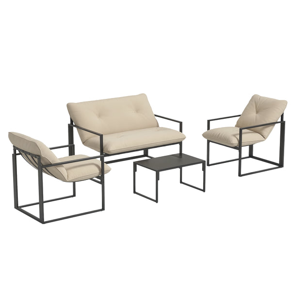 Salon de jardin extérieur 4 pièces pour 4 personnes avec canapé 2 places, 2 fauteuils et 1 table basse 3 coussins mobilier de jardin pour terrasse jardin - acier noir polyester beige