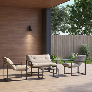 Salon de jardin extérieur 4 pièces pour 4 personnes avec canapé 2 places, 2 fauteuils et 1 table basse 3 coussins mobilier de jardin pour terrasse jardin - acier noir polyester beige