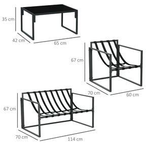 Salon de jardin extérieur 4 pièces pour 4 personnes avec canapé 2 places, 2 fauteuils et 1 table basse 3 coussins mobilier de jardin pour terrasse jardin - acier noir polyester beige