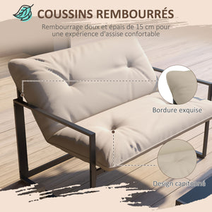 Salon de jardin extérieur 4 pièces pour 4 personnes avec canapé 2 places, 2 fauteuils et 1 table basse 3 coussins mobilier de jardin pour terrasse jardin - acier noir polyester beige