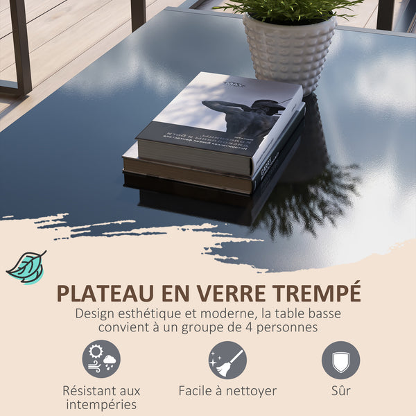 Salon de jardin extérieur 4 pièces pour 4 personnes avec canapé 2 places, 2 fauteuils et 1 table basse 3 coussins mobilier de jardin pour terrasse jardin - acier noir polyester beige