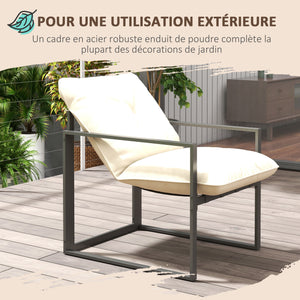 Salon de jardin extérieur 4 pièces pour 4 personnes avec canapé 2 places, 2 fauteuils et 1 table basse 3 coussins mobilier de jardin pour terrasse jardin - acier noir polyester beige