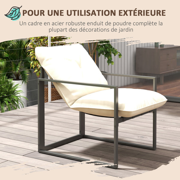 Salon de jardin extérieur 4 pièces pour 4 personnes avec canapé 2 places, 2 fauteuils et 1 table basse 3 coussins mobilier de jardin pour terrasse jardin - acier noir polyester beige
