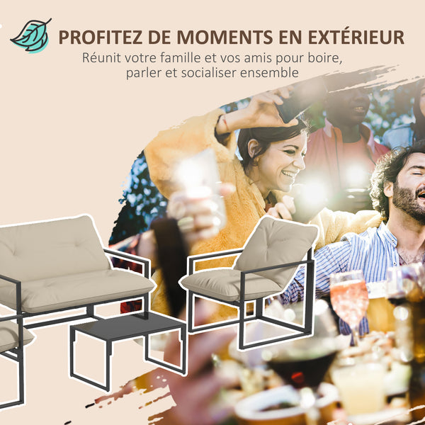 Salon de jardin extérieur 4 pièces pour 4 personnes avec canapé 2 places, 2 fauteuils et 1 table basse 3 coussins mobilier de jardin pour terrasse jardin - acier noir polyester beige