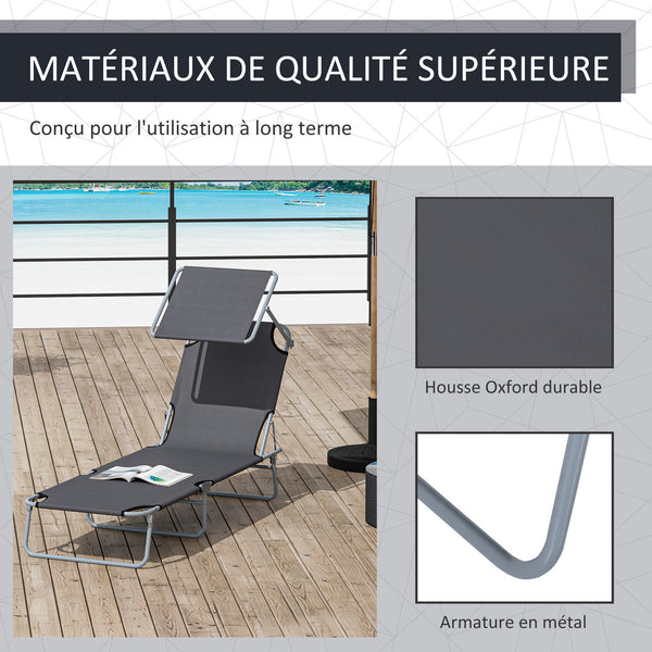 Transat Bain de Soleil Pliable Chaise Longue Pliante Grand Confort Dossier Inclinable Multi-positions et Pare-Soleil réglable Dim. 187L x 58l x 36H cm gris