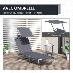Transat Bain de Soleil Pliable Chaise Longue Pliante Grand Confort Dossier Inclinable Multi-positions et Pare-Soleil réglable Dim. 187L x 58l x 36H cm gris