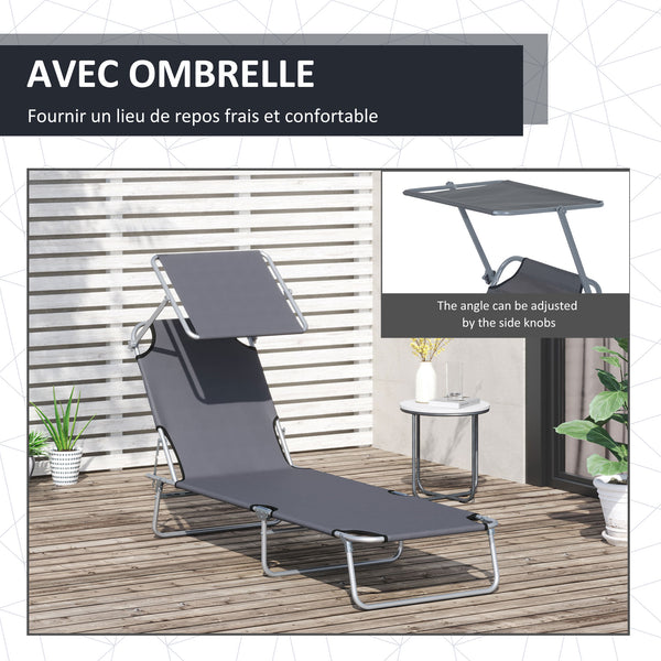 Transat Bain de Soleil Pliable Chaise Longue Pliante Grand Confort Dossier Inclinable Multi-positions et Pare-Soleil réglable Dim. 187L x 58l x 36H cm gris