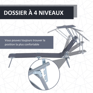 Transat Bain de Soleil Pliable Chaise Longue Pliante Grand Confort Dossier Inclinable Multi-positions et Pare-Soleil réglable Dim. 187L x 58l x 36H cm gris