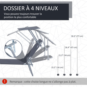 Transat Bain de Soleil Pliable Chaise Longue Pliante Grand Confort Dossier Inclinable Multi-positions et Pare-Soleil réglable Dim. 187L x 58l x 36H cm gris