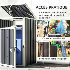Abri pour 1 poubelle 240L, cache poubelle extérieur, porte avec poignée, couvercle relevable à 180°, acier galvanisé, 73 x 81 x 122 cm, gris foncé