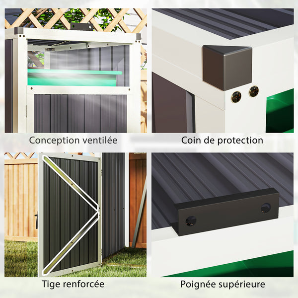 Abri pour 1 poubelle 240L, cache poubelle extérieur, porte avec poignée, couvercle relevable à 180°, acier galvanisé, 73 x 81 x 122 cm, gris foncé
