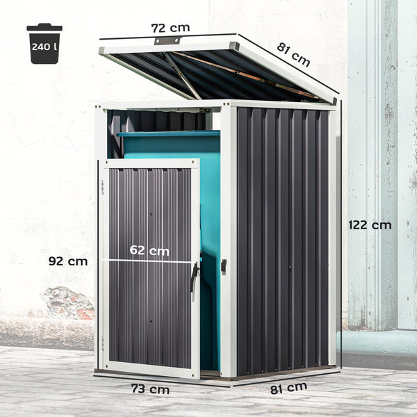 Abri pour 1 poubelle 240L, cache poubelle extérieur, porte avec poignée, couvercle relevable à 180°, acier galvanisé, 73 x 81 x 122 cm, gris foncé