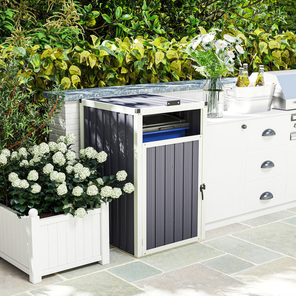 Abri pour 1 poubelle 240L, cache poubelle extérieur, porte avec poignée, couvercle relevable à 180°, acier galvanisé, 73 x 81 x 122 cm, gris foncé