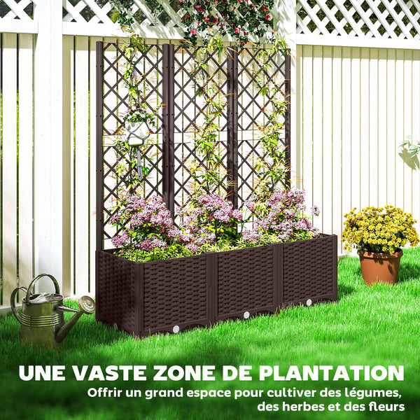 Jardinière avec treillis, lit surélevé de jardin, jardinière extérieure avec 8 trous de drainage, réservoirs d'eau, bac à fleurs pour balcon terrasse patio, 120 x 40 x 135 cm, marron