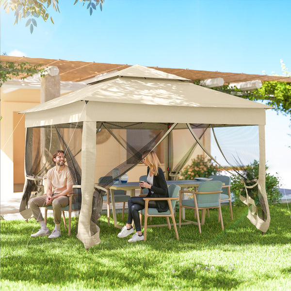 Tonnelle de jardin exterieur Pop-up barum Pliant, 3 x 3 m, Métal Polyester, imperméabilisé Anti UV, moustiquaires + Sac de Transport, crème