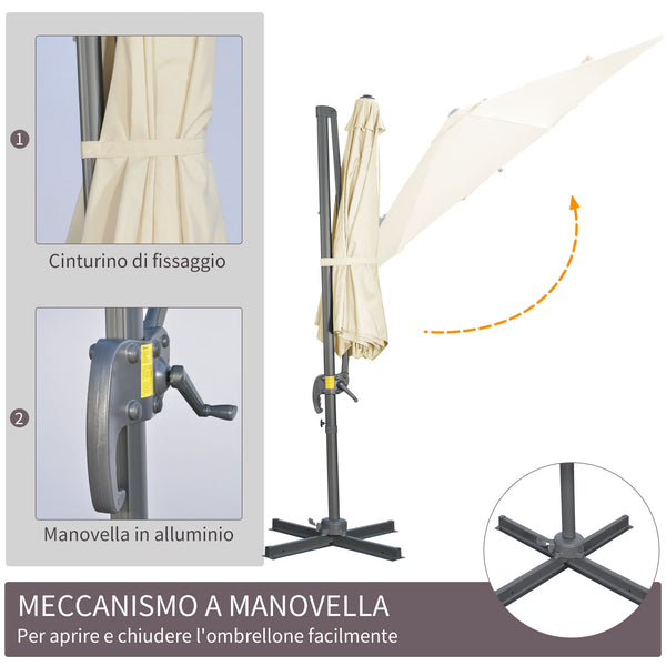 Parasol déporté Ø 3 m octogonal inclinable manivelle avec pied en acier crème