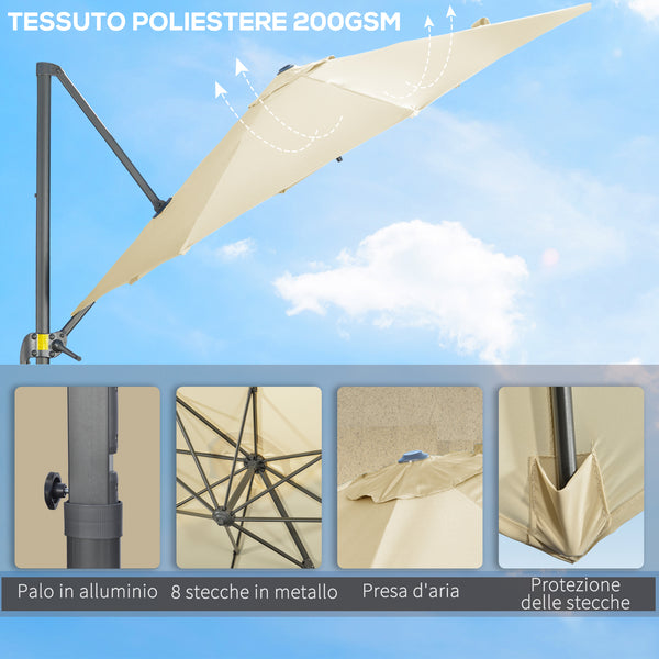 Parasol déporté Ø 3 m octogonal inclinable manivelle avec pied en acier crème