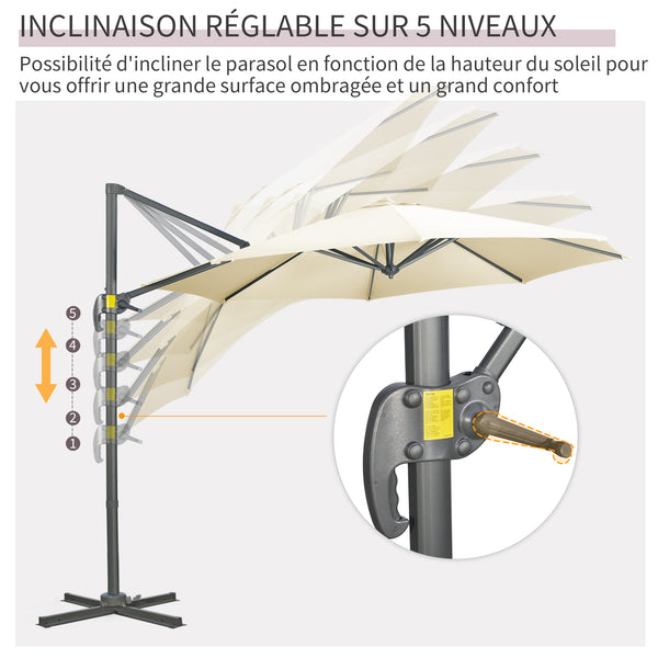 Parasol déporté Ø 3 m octogonal inclinable manivelle avec pied en acier crème
