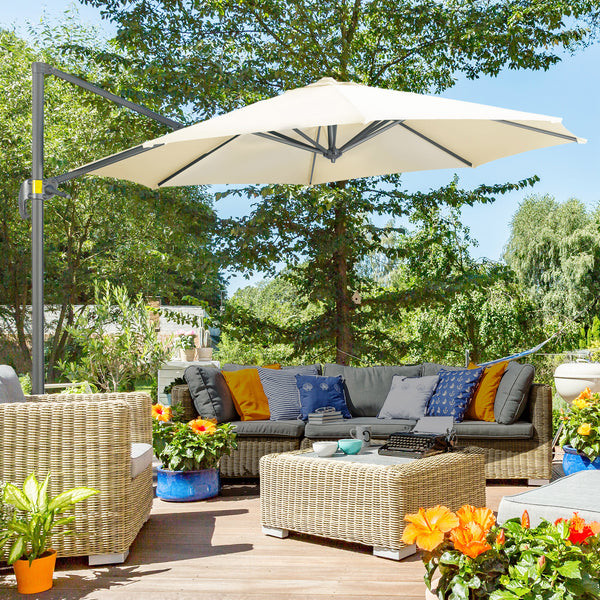 Parasol déporté Ø 3 m octogonal inclinable manivelle avec pied en acier crème