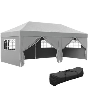 Tonnelle de jardin exterieur tonnelle pliante 3 x 6 m pop-up avec 6 parois latérales, trous de drainage, sac de transport inclus, barnum pliant pour camping festival mariage, gris