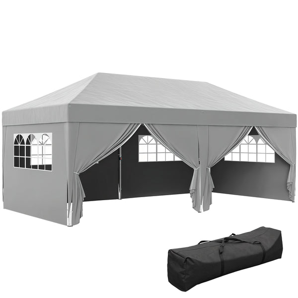 Tonnelle de jardin exterieur tonnelle pliante 3 x 6 m pop-up avec 6 parois latérales, trous de drainage, sac de transport inclus, barnum pliant pour camping festival mariage, gris