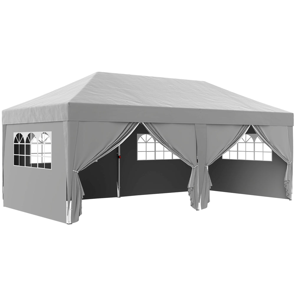 Tonnelle de jardin exterieur tonnelle pliante 3 x 6 m pop-up avec 6 parois latérales, trous de drainage, sac de transport inclus, barnum pliant pour camping festival mariage, gris