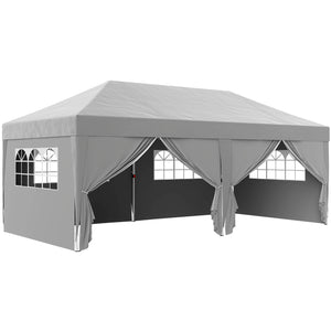 Tonnelle de jardin exterieur tonnelle pliante 3 x 6 m pop-up avec 6 parois latérales, trous de drainage, sac de transport inclus, barnum pliant pour camping festival mariage, gris